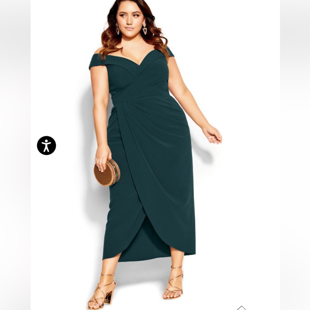 City Chic Dress, Rippled Love, Green Maxi. Elegant, Evening, Wedding, Social.